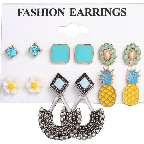 New earrings creative Turquoise Diamond geometric alloy pineapple White Earrings Set 6 pieces