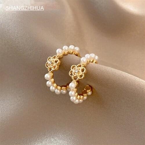 SHANGZHIHUA Temperament high sense hollowed-out flower pearl earring 2021 trend earrings for women fashion girls unusual jewelry