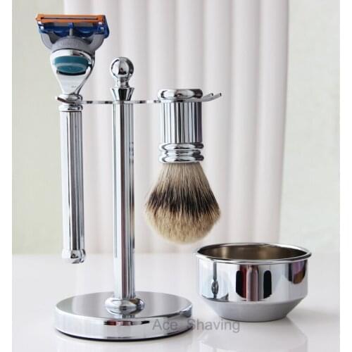 Silvertip/Black Badger Shaving Brush Set with Bowl Mug Stand Razor Holder 5 Layer Blades Kits