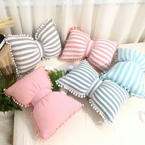Nordic Cute Bow-knot Kids Cushion Removable/Washable Plaid/Striped Children Room Decoration Pillow Cushions With PomPom Ball