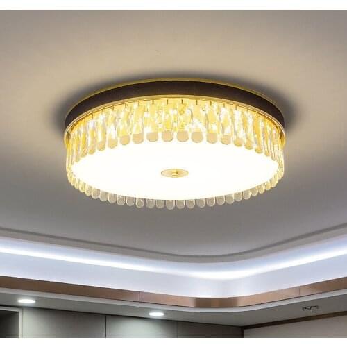 Bedroom Modern Led Lighting Leather Gold Steel Remore Control Led Dimmable Ceiling Lights Luxury Lustre K9 Crystal Ceiling Lamp