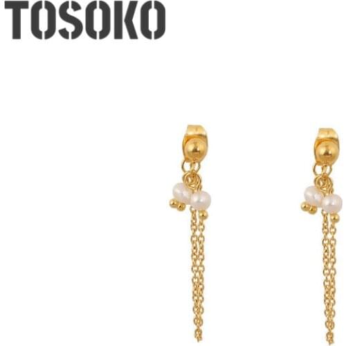 TOSOKO Stainless Steel Jewelry Freshwater pearl Tassel Earrings elegant womens Earrings Fashion multiple wear BSF294