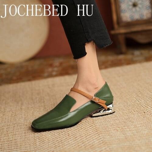 【JOCHEBED HU】Women Pumps Shoes Real Leather Fashion Patchwork Shoes Women Buckle Square Head Thick Heels Office Footwear 33-43