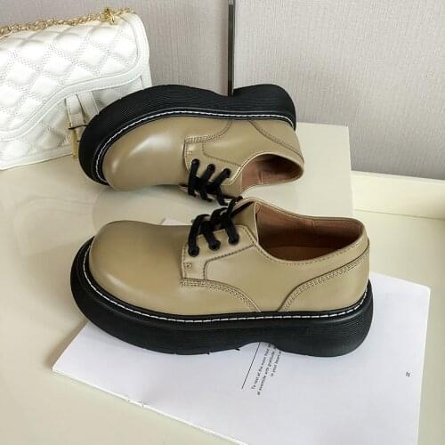 Platform Patent Leather Womens Shoes 2021 New Big Head Genuine Leather Lace Up Shoes Ladies Non-slip Trend Loafers Women