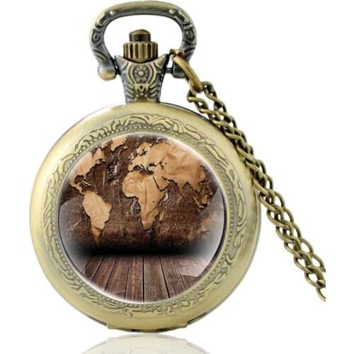 Vinatge World Map Design Bronze Color Classic Quartz Pocket Watch Charm Men Women Pendant Necklace Hours Clock Gifts