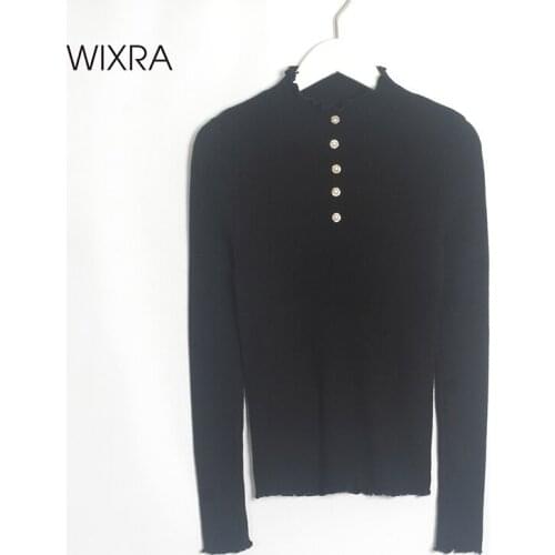 Wixra Womens High Stretch Sweaters Fashion Elegant Turtleneck Ladies Pullovers Femme Knitting Pearl Buttons Pulls Jumpers Autumn