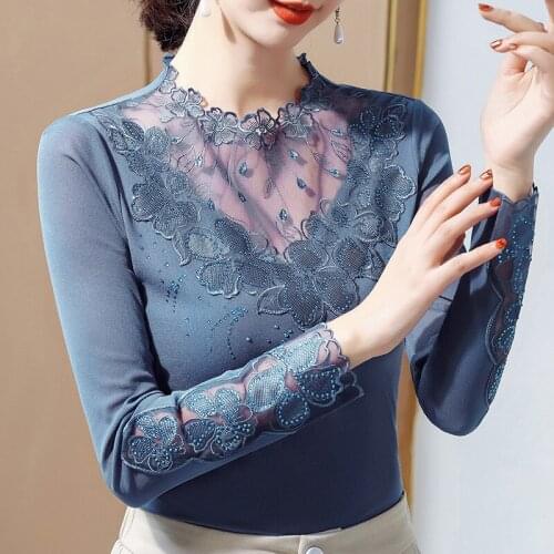 Stylish Lace Mesh Patchwork Women Long Sleeve Floral Hollow Out Bottoming T Shirt 2021 Autumn Fashion Slim Top Camiseta