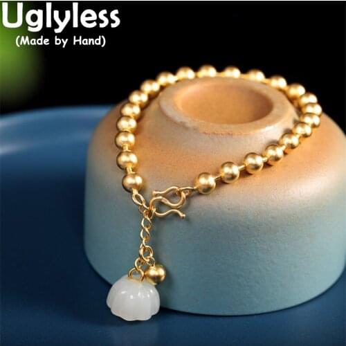 Uglyless Natural Jade Magnolia Bracelets for Women Silver Balls Chains Bracelets Real 925 Sterling Silver Floral Jewelry BR283