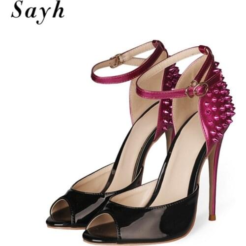 Women Patent Leather Sandals Peep Toe Ankle Strap Pumps Punk Rivet High Heels Sexy Shoes Dress Stilettos