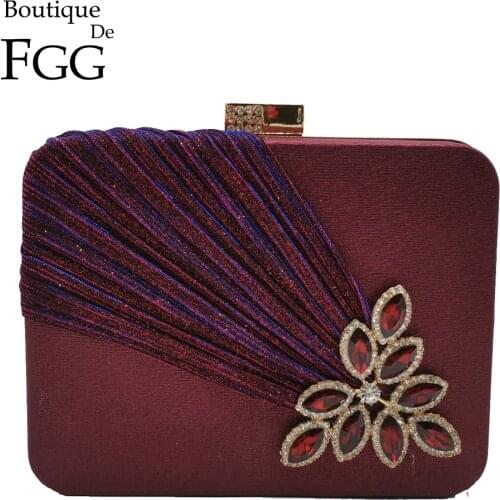 Boutique De FGG Wine Red Crystals Appliques Women Metal Box Clutch Evening Purses and Handbags Bridal Wedding Party Bag