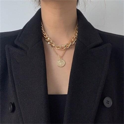 Punk Gold Portrait Coin Pendant Necklace For Women Cuban Multilayered Chunky Thick Chain Choker Necklaces Gothtic Jewelry