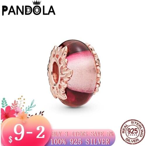 2021 new 925 Sterling Silver Pink Murano Glass & Leaves Charm Beads Bracelet Fit Original Pandora Bracelet DIY Jewelry For Women