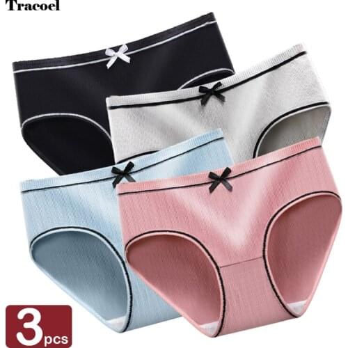 Tracoel 3Pcs/Pack Pure Cotton Womens Panties Bow Low Rise Sexy Underpants Panty Dropshipping Female Lingerie Underwear