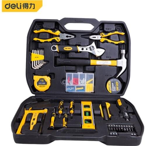 Deli Household Tool Set DIY Hand Home Toolbox Repair For Car Tape Measure Wire Cutter Saw Frame Adjustable Wrench Screwdriver