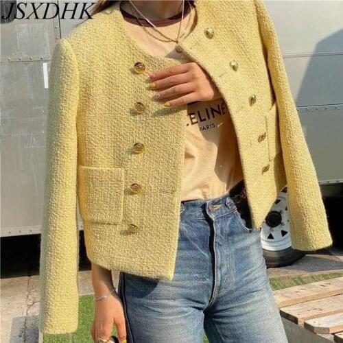 JSXDHK Runway Women Yellow Tweed Jackets 2021 New Chic Autumn O Neck Double-Breasted Ladies Poacket Woolen Short Outerwear Mujer