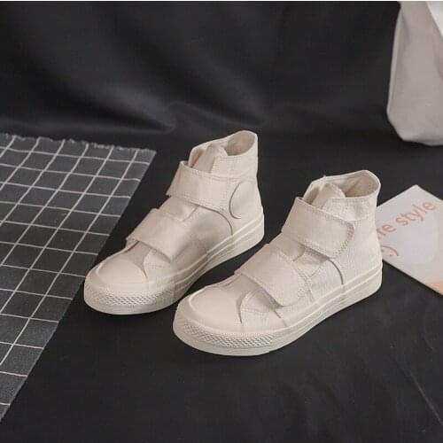 High Top Canvas Shoes Hook & Loop Casual Shoes Women Platform Shoes Vulcanized Shoes Spring Autumn White Shoes Sneakers Woman