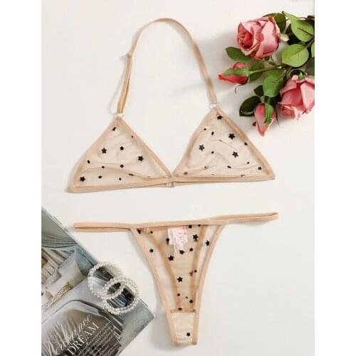 Sexy Underwear Womens Bra Set Star Print Perspective Bra Thong Lingerie Underwear Pajamas Ultra-Thin Breathable Sleepwear