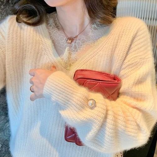 Lace stitching long-sleeved V-neck pullover sweater women 2021 new loose casual all-match foreign style knitted sweater top