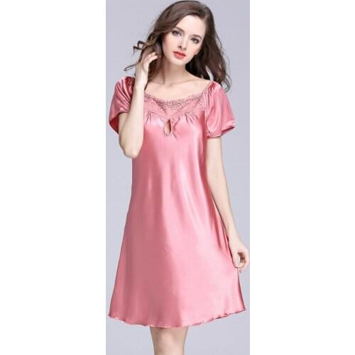 Ice Silk Nightdress Womens Summer Nightgown Short Sleeve with Lace Sexy Nightwear Home Clothes Sleepwear Night Gown Night Dress