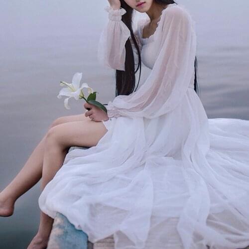 2020 Summer Chiffon Maxi Dress Long White Beach Dress Lantern Sleeve Fantasy Princess Girl Fairy Dresses Women Clothing Vestidos