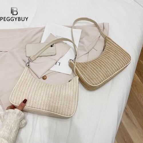 Fashion Women Summer Vacation Pure Color Woven Shoulder Underarm Bag Casual Ladies Hobos Handbags Small Purse