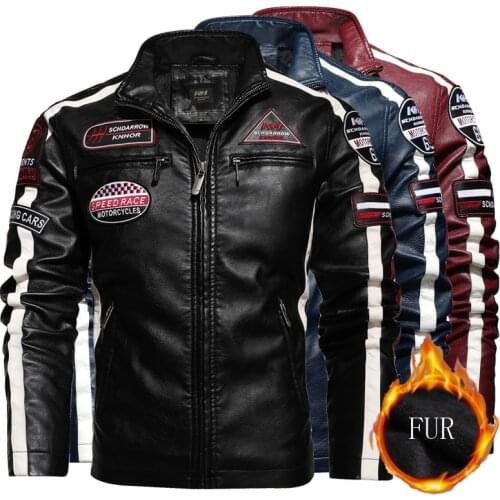 Men Fall/Winter Fleece Motorcycle Faux Leathe Jacket Stitching Color Embroidery Slim Biker Jacket Casual Mens Clothing Chaqueta
