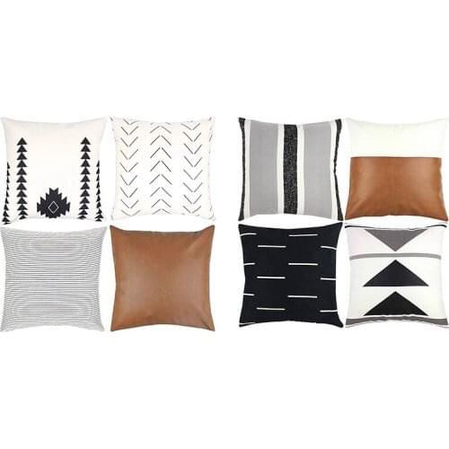 8 Pcs 18X18 Inch Modern Design Short Plush Geometric Faux Leather Amaro Set, Decorative Throw Pillow Covers Only for Couch, Sofa