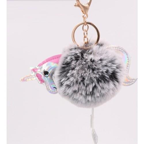 New Pompom Unicorn Keychain Rabbit Fur Ball chaining toys Girls Bag Car buckle Plush Keychains