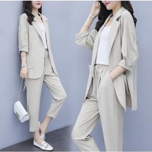 Solid color suit pants suit female 2019 seven-point sleeve suit jacket nine pants net red two-piece set age slim fashion women