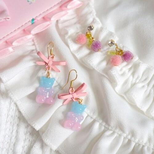 Handmade Gradient Color Bear Earrings Pink Blue Soft Girl Granulated Sugar Cherry Japanese Ear Studs Ear Clip Lolita Earrings