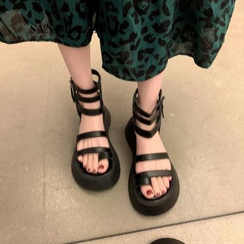 SANDRA JRR Summer Sandals Med Heel Open Toe Leather Slippers Casual Outside Slip On Chunky Shoes