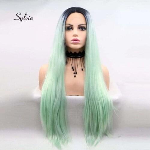 Sylvia Mint Green Two Tone Ombre Synthetic Long Silky Straight Lace Front wig With Dark Roots Heat Resistant Fiber Long Hair