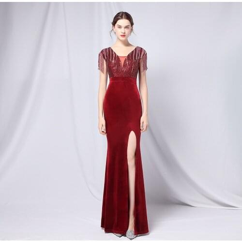 Velvet Gradient Bead Piece Off Shoulder Banquet Evening Formal Dress Female Sexy Long High Split Sequined Prom Gown for Party
