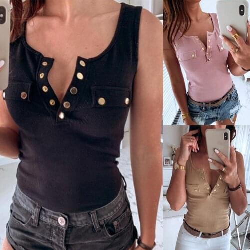 Women Sexy Solid Color V Neck Sleeveless Button Ribbed Slim&Fit Blouse Knitting Top Vest Ladies Casual Tank Tops Clothing
