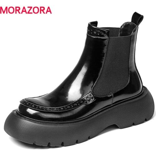 MORAZORA 2022 New Full Genuine Leather Boots Women Slip On Chelsea Boots Platform Shoes Autumn Ladies Thick Bottom Shoes