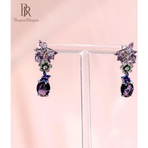 Bague Ringen Silver 925 Earrings Womens Fashion Ear-drops Fine Jewelry Oval Purple Zircon Amethyst Flower Butterfly Gift Lady