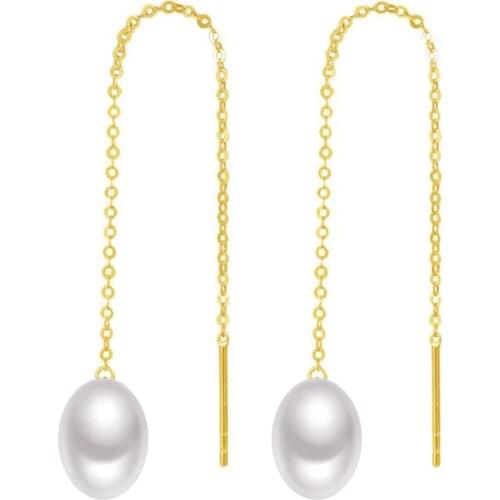 Sinya Au750 18k gold long chain tassel design earring dangle drop earring with 7-9 mm high luster pearls for women