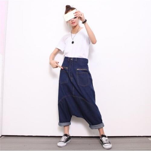 Women Winter New Loose Big Crotch Cross Jeans Denim Pants Both Side Wear Crotch Harms Jeans Female