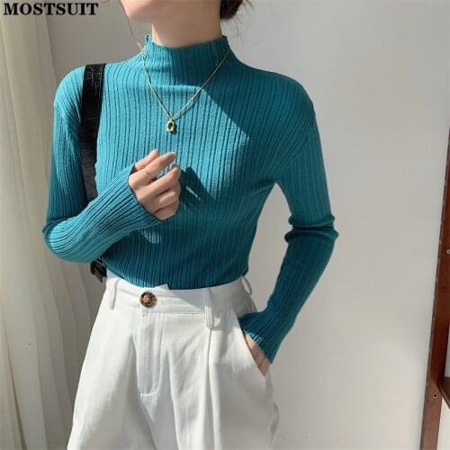 Solid Slim Knitted Pullover Sweater Women Full Sleeve Half High Collar Knitwear Tops Vintage Elegant Basic Female Jumpers 2021