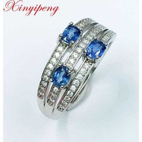 Xin Yipeng S925 sterling silver plated white gold inlaid real natural sapphire ring fine anniversary birthday gift for women 3*4