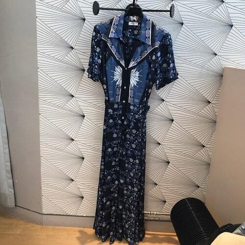 Patads French fashion slim floral long skirt spring and summer elegant short sleeve lady dress r20632e