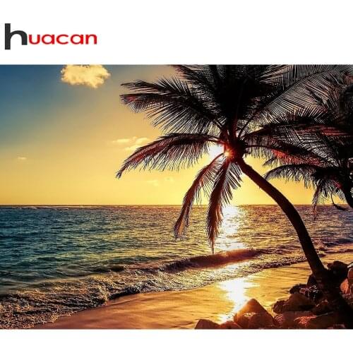 Huacan 5d Diamond Painting Sunset Seaside Scenery Home Decor Embroidery Mosaic Beach Tree Wall Stickers