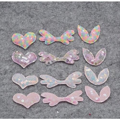 Sew on 30pcs/lot shiny heart wing and rabbit Padded Appliques for Cloth Decoration and Hair Accessories