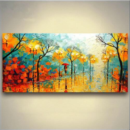 Large Hand-painted Abstract Scenery oil painting Canvas Rainy Streetscape 24"x48" Oil Paintings wall art decor