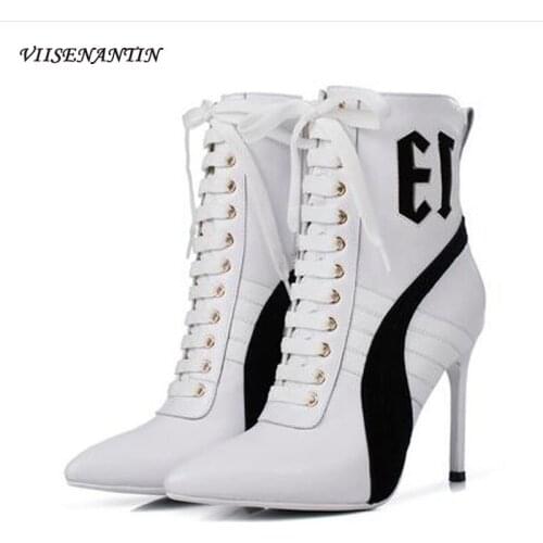 European and American Catwalk Style Genuine Leather Thin Heel High-heel Stovepipe Front Lace-up Color Matching Ankle Boots