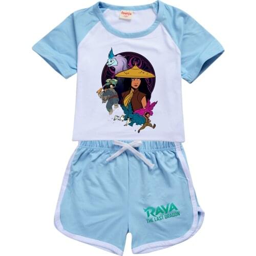 Kids Girls Clothes Sets Raya and The Last Dragon Tracksuit Summer Sport T-shirt + Pants Children Cotton Short Sleeve Outfits
