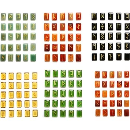 Tumbled Engraved Lettering Rune Stone Solid Color Set for Divination Fortune-telling Wicca Crystals Healing Chakra Reiki