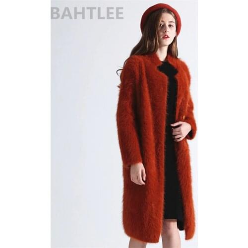 BAHTLEE Winter Womens Angora Rabbit Cardigans Long Sweater Looser Fashion Pearl Button Pocket Very Thick Keep Warm
