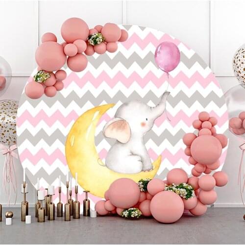 Laeacco Sweet Elephant Baby Shower Backdrop Moon Pink Balloon Stripes Birthday Party Round Background Circle Photo Backdrop