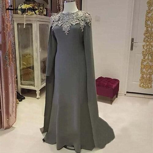 Lakshmigown Aarabic Women Mother Of The Bride Dresses Cape Long Sleeves Appliques 2019 Grey Sheath Evening Dress Formal Gown